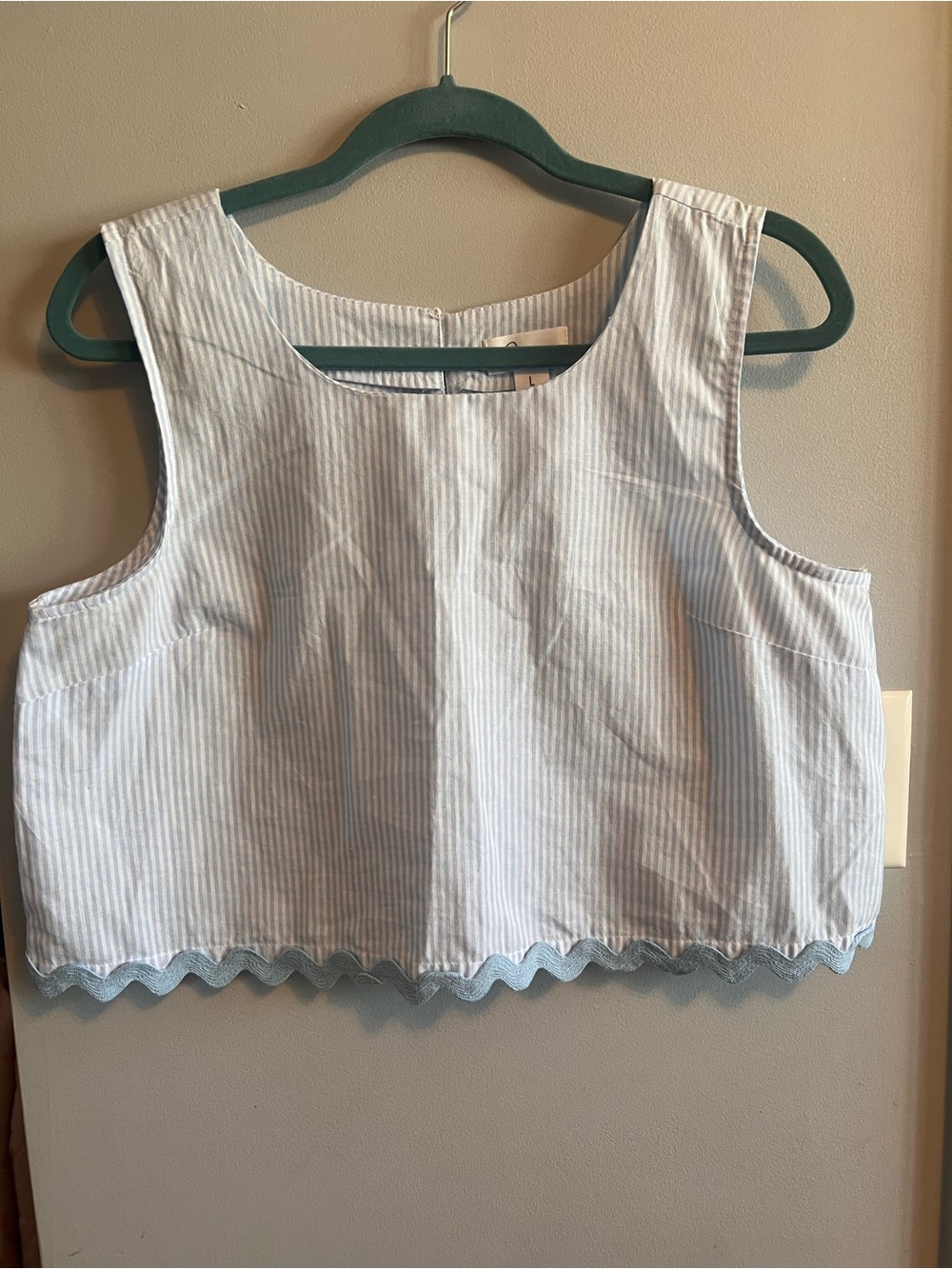 Japna Light Blue & White Striped Crop Tank with Scalloped Hem